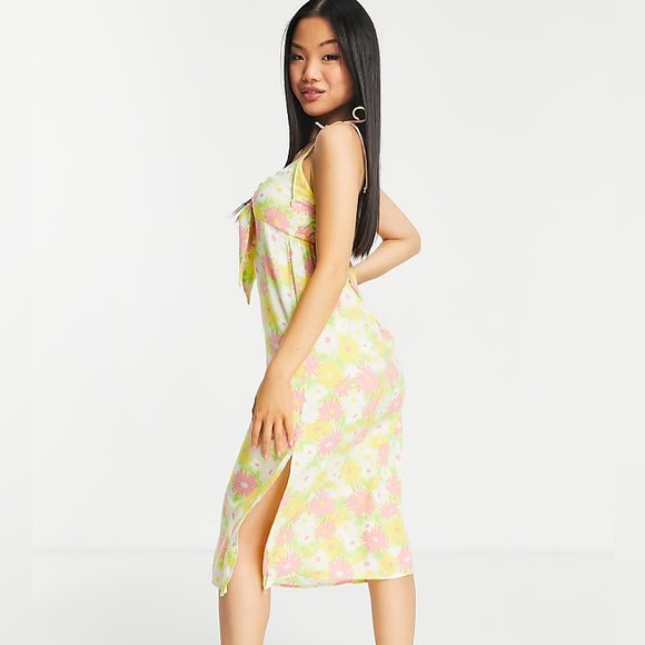 Miss Selfridge Womens Petite bunny tie midi slip dress in bright sunflower - Picture 2 of 8